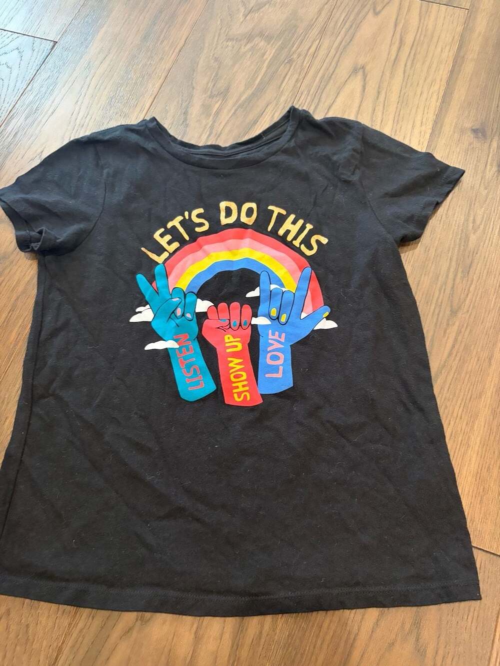 Old Navy Let's Do This Rainbow ASL Graphic T-Shirt Black Girls Size L 10-12
